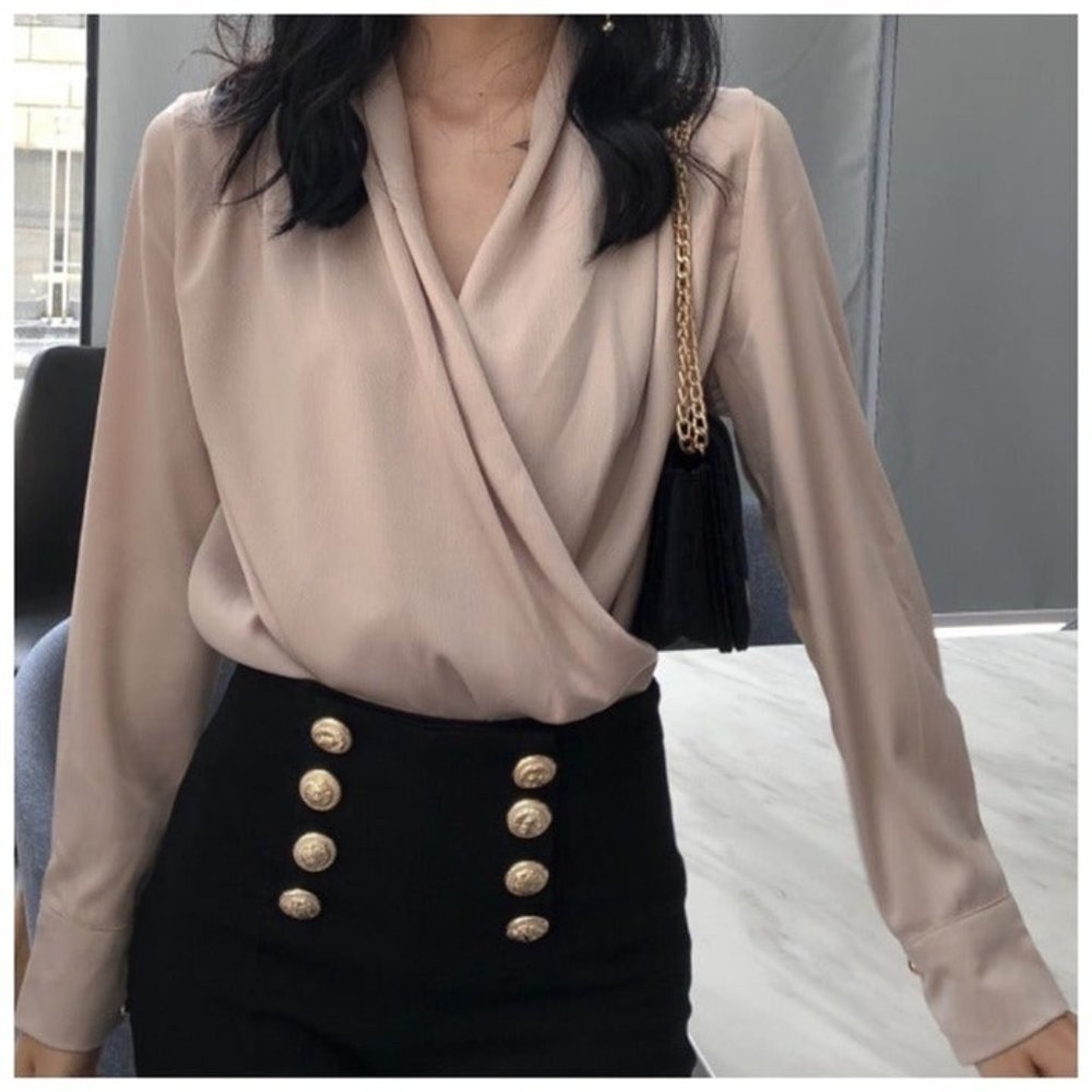 Beige Silky Draping Blouse Top Size Small Black Beige